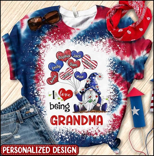 Discover Independence Day I Love Being Grandma Gnome Heart Balloons Grandkids Custom 3D T-Shirt