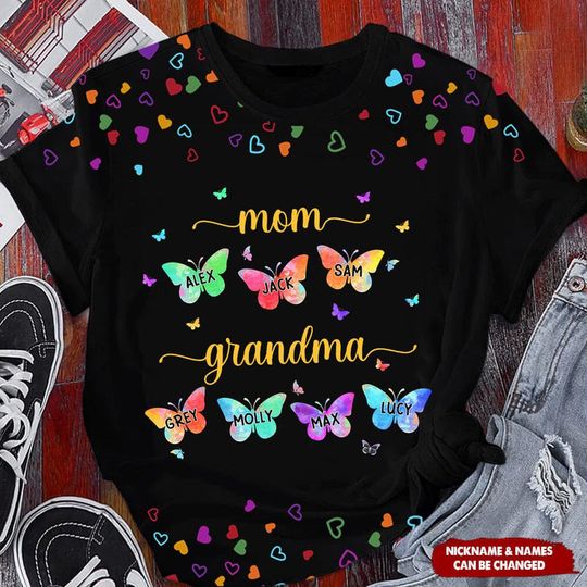 Discover Mom Grandma And Colorful Butterfly Grandkids Personalized 3D T-Shirt