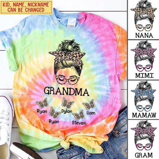 Discover Leopard Messy Bun Grandma with Butterfly Grandkids Custom Personalized 3D T-Shirt