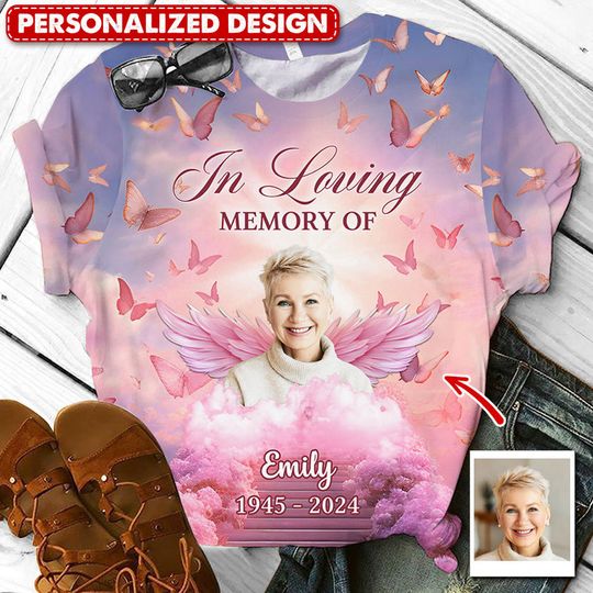 Discover Pink Heaven Custom Photo Angel Wings Butterflies, In Loving Memory Personalized 3D T-Shirt