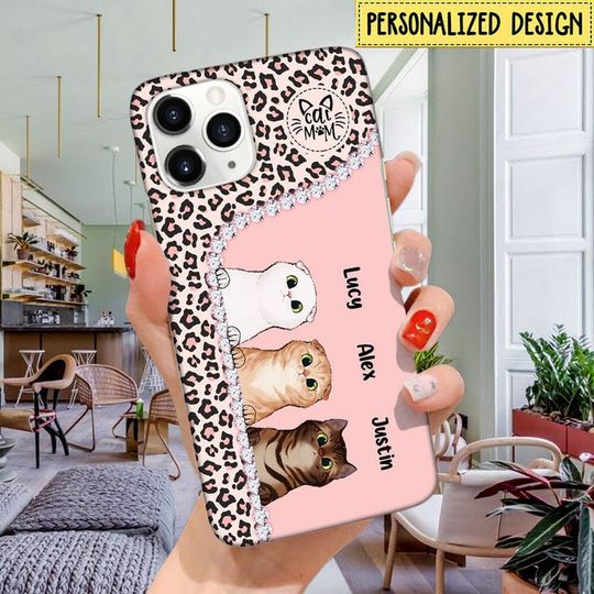 Discover Custom Cats Leopard Print Personalized Phone Case, Gift For Cat Mom