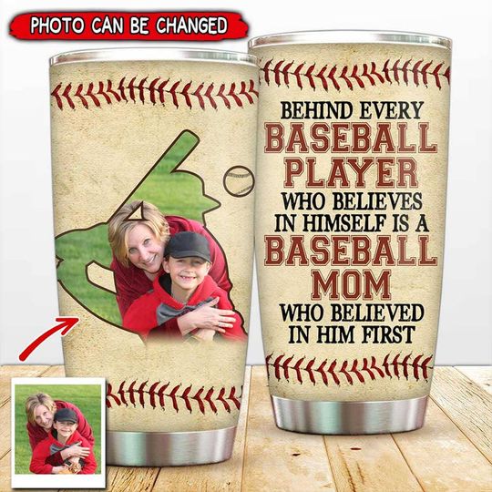 Discover Upload Photo Baseball Son & Mom Behind Every Baseball Player Sport Family - Personalized Stainless Steel Tumbler