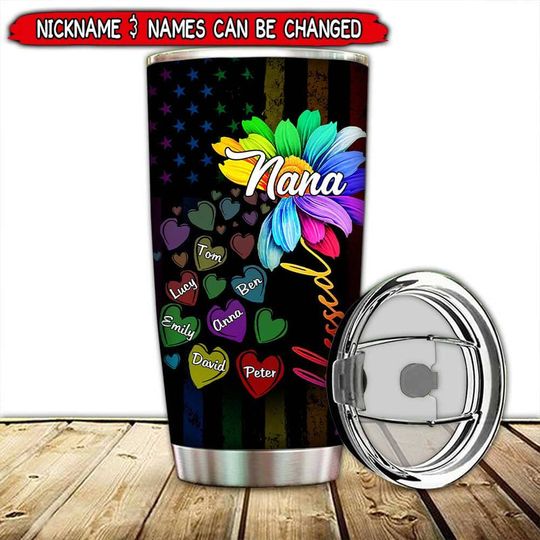 Discover Blessed Nana, Grandma With Grandkids Rainbow Flower - Personalized Stainless Steel Tumbler