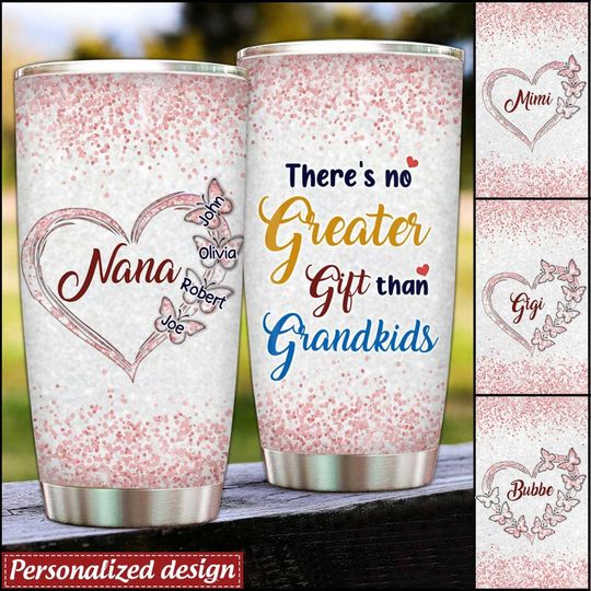 Discover There's No Greater Gift Than Grandkids Heart Butterfly Custom Gift For Grandma Glitter Pattern Stainless Steel Tumbler