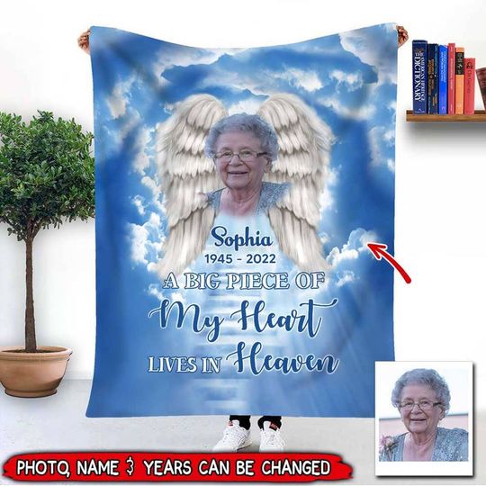 Discover Memorial Upload Photo Wings, A Big Piece Of My Heart Lives In Heaven Personalized Blanket