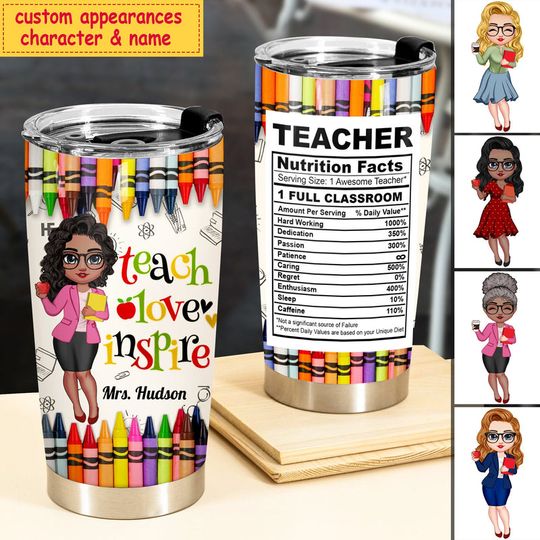 Discover Colorful Crayon Teacher Nutrition Facts Personalized Glitter Tumbler
