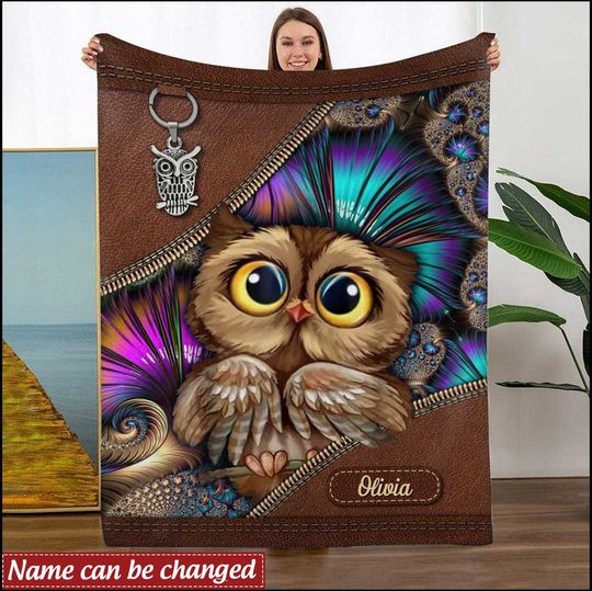 Discover Owl Custom Name Leather Pattern Personalized Fleece Blanket