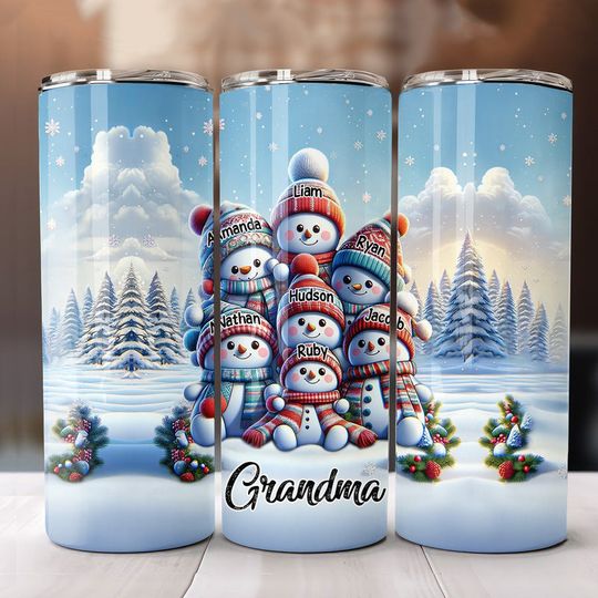 Discover Christmas Snowman Grandkids Personalized Skinny Tumbler
