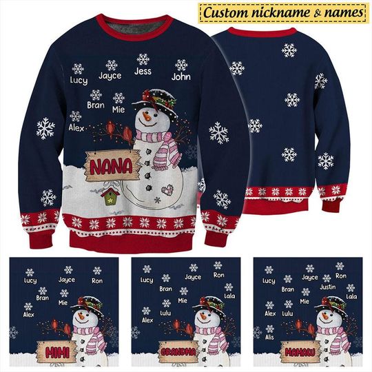 Discover Grandma Mom Snowman Snowflakes Christmas 3D Full Painting Personalized Ugly Sweater