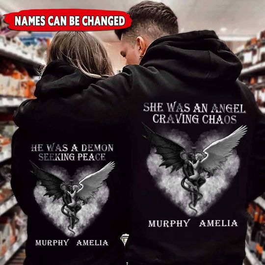 Discover Demon And Angel Custom Names Personalized Backprint Matching Unisex Hoodie