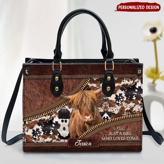 Discover Just A Girl Who Loves Cow Cattle Farm, Black And Brown Cowhide Personalized Leather Bag