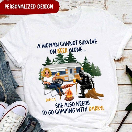 Discover Personalized Camping Lady & Daryl Funny A Woman Cannot Survive On Beer Alone Tshirt