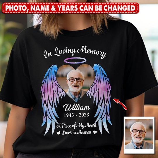 Discover In Loving memory Custom Photo Angel Wings Personalized Black T-shirt