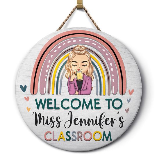 Discover Rainbow Welcome To Teacher Classroom - Gift For Teachers, Classroom Door Sign - Personalized Custom Wood Circle Sign