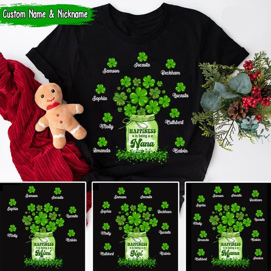 Discover Happiness is being a Nana Cute Shamrock Grandkids Personalized Black T-shirt