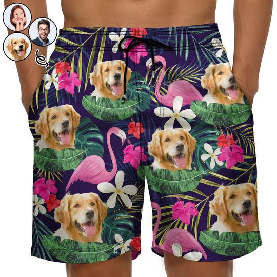 Discover Custom Photo Funny Family Pet Face - Funny Gift For Pet Lovers, Dog Mom, Cat Mom, Dog Dad, Cat Dad - Personalized Beach Shorts