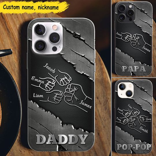 Discover Daddy Papa Hand Fist Family Metal Pattern Personalized Glass Phone Case, Father's Day Gift