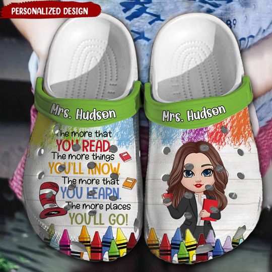 Discover The more things you will know Colorful Crayon Pattern Teacher Doll Personalized Clogs
