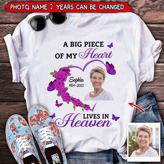 Discover Upload Photo Family Loss Floral Heart Rose & Butterfly Memorial Gift Personalized Tshirt