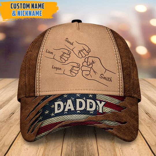 Discover Grandpa Daddy Fist Bump Fathers Day Leather Pattern Personalized Classic Baseball Cap 3D