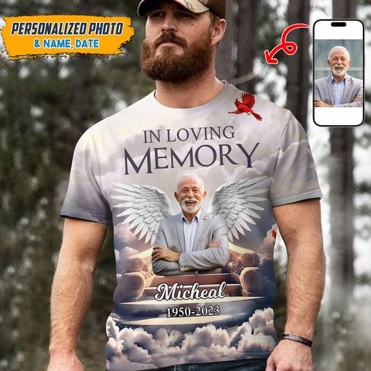 Discover Memorial Upload Photo Wings, In Loving Memory In Heaven Personalized 3D T-shirt