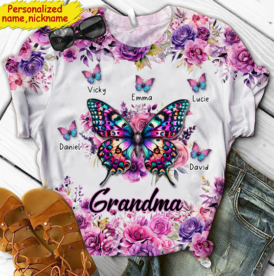 Discover Purple & Pink Floral Butterfly Grandma Personalized 3D T-shirt