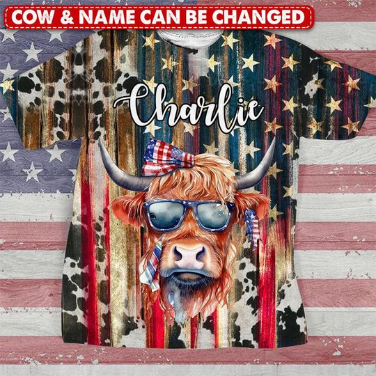 Discover 4th Of July American Flag Love Highland Holstein Cow Cattle Farm Personalized 3D T-shirt