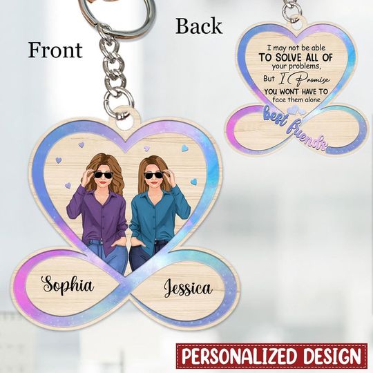 Discover Front View Besties Heart Infinity Personalized Wooden Keychain