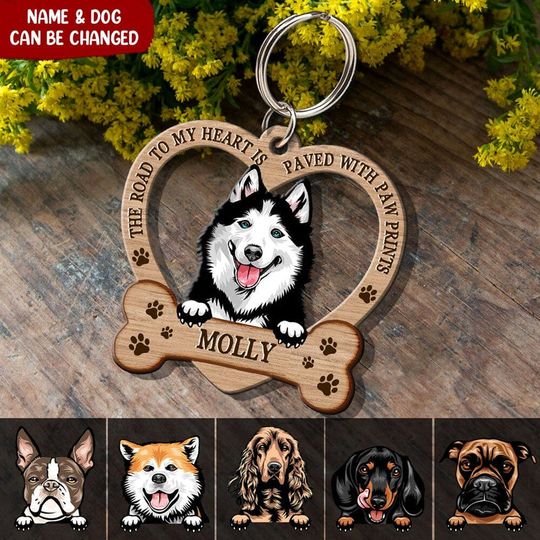 Discover The Road To My Heart Is Paved With Paw Prints Custom Wooden Keychain