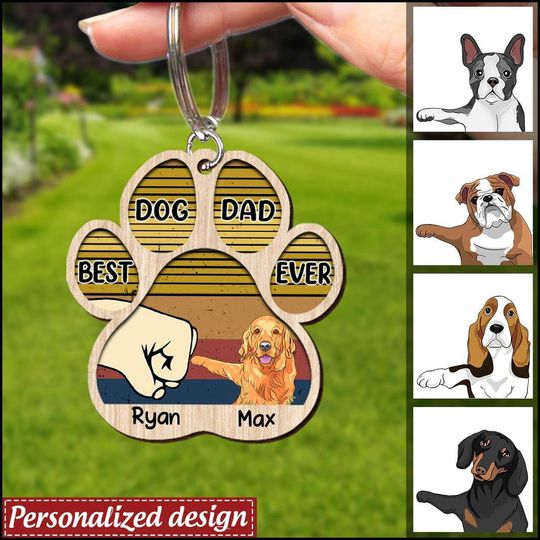 Discover Best Dog Dad Ever Paw Personalized Wooden Keychain
