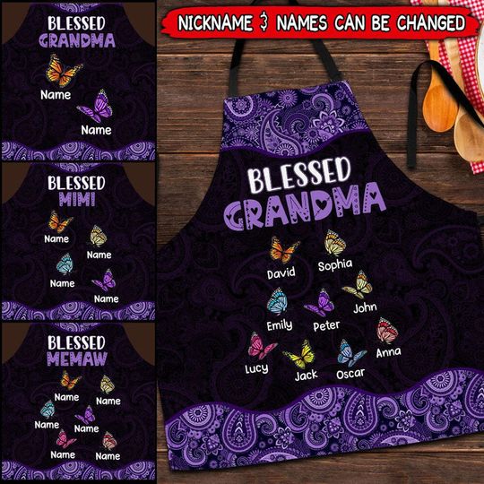 Discover Blessed Grandma Butterfly Purple Pattern Custom Gift For Grandma Apron