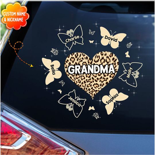Discover Grandma Mom Heart Butterfly Around Leopard Personalized Decal