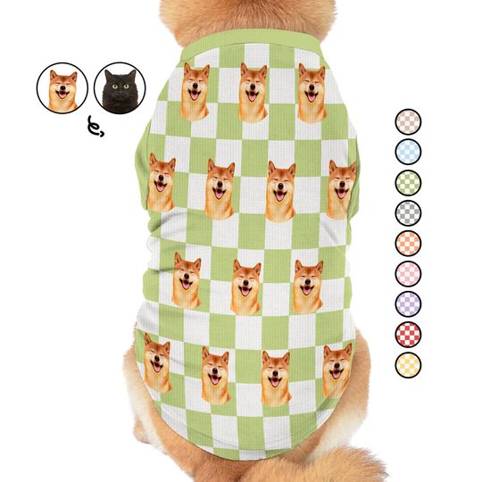 Discover Custom Photo Pet Face Groovy Checkered Pattern Gift For Dog, Cat Lovers Personalized Pet Shirt