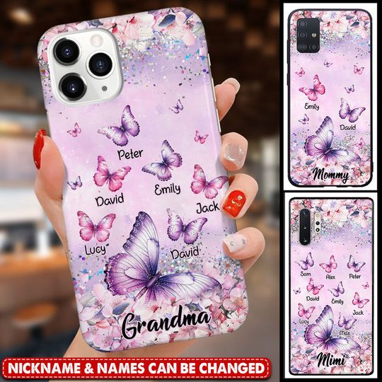 Discover Glitter Flowery Butterfly Grandma Auntie Mom Kids Personalized Phone Case