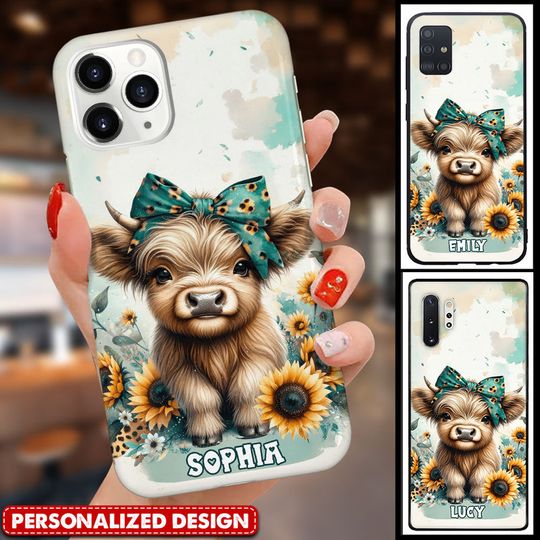 Discover Teal Highland Cow Sunflower Personalized Phone case