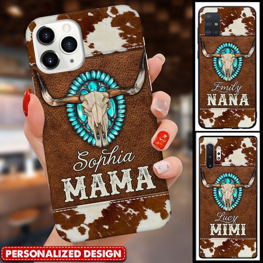 Discover Personalized Western Country Mama Custom Name Cowhide Leather Pattern Phone Case