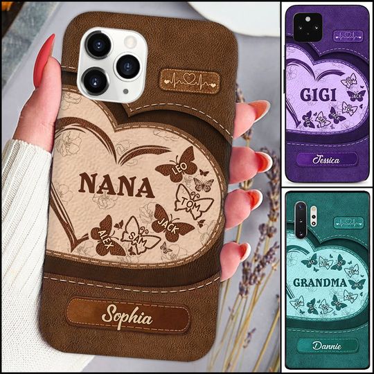 Discover Personalized Nana Mom Heart Butterfly Colorful Texture Leather Phone case
