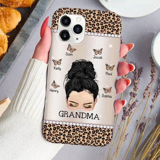 Discover Messy Bun Grandma Mom Nana Leopard Butterfly Kids Personalized Phone case