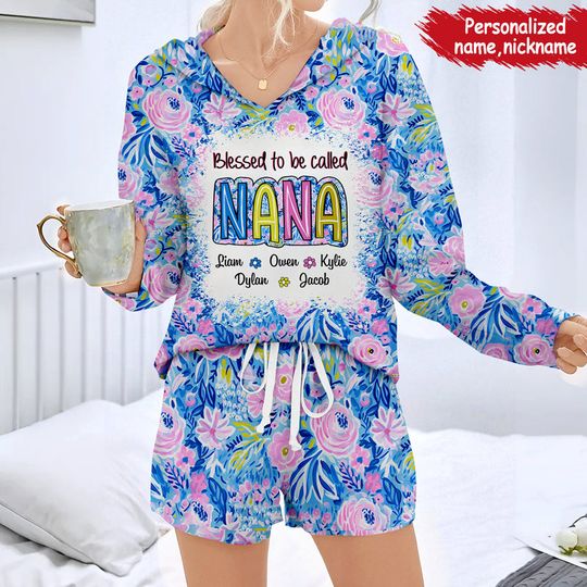 Discover Blue Pink Floral Pattern Blessed to be called Grandma Personalized Hoodie Two Piece Set