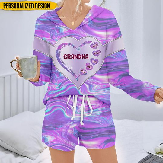 Discover Grandma Violet Heart Grandkids Mother's Day Gift Personalized Hoodie Two Piece Set