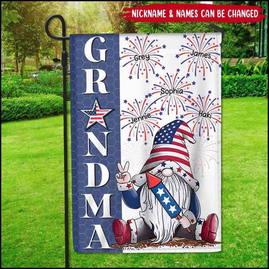 Discover Grandma Mom Gnome 4th Of July And Grandkids Firecrackers Personalized Flag