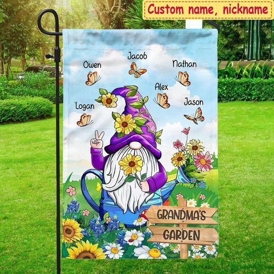 Discover Violet Gnome Grandma Mom's Garden With Butterflies Kids, Perfect Gift For Mother's Day Personalized Flag
