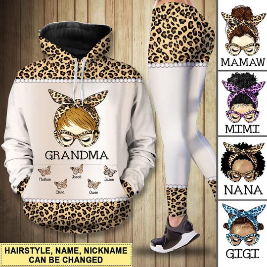 Discover Messy Bun Grandma Mom Nana Leopard Butterfly Kids Personalized Combo Hoodie & Leggings