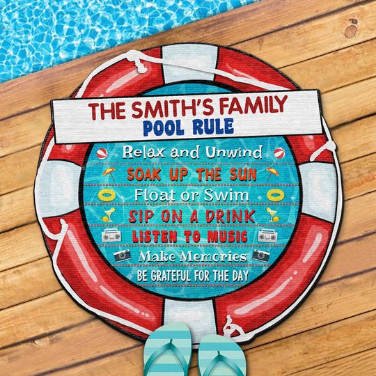 Discover Swimming Pool Rules Relax - Poolside Decor - Personalized Custom Shaped Doormat