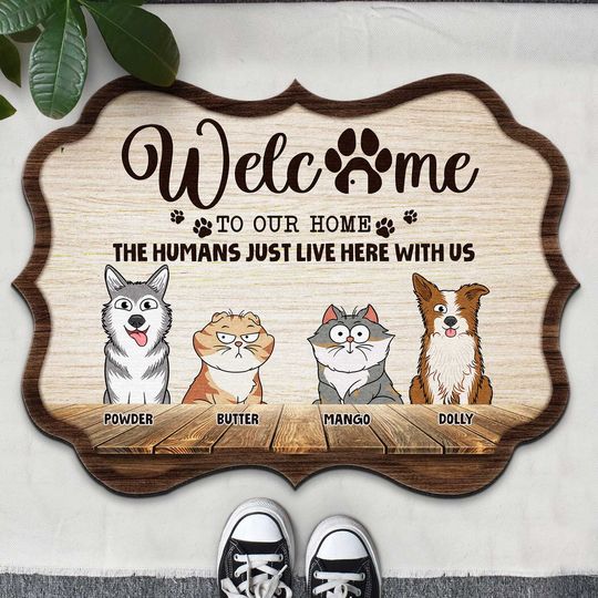 Discover Humans Just Live Here With Us Funny Cartoon Dogs Cats - Gift For Pet Lovers - Personalized Custom Shaped Doormat