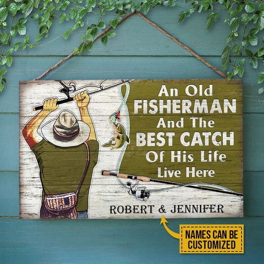Discover Fishing Old Couple Live Here Custom Personalized Wood Rectangle Sign