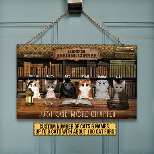 Discover Cat Reading Corner Just One More Chapter Custom Wood Rectangle Sign, Personalized Funny Cat Wood Sign