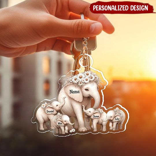Discover Personalized Acrylic Keychain - Elephant Grandma With Kids