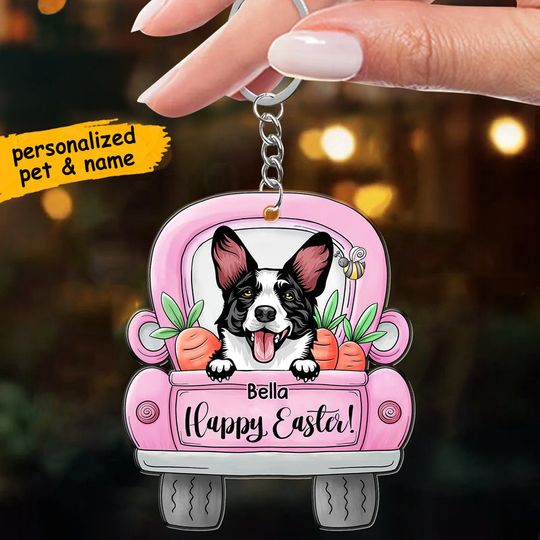 Discover Cute Dog Puppy Pet Easter Truck Personalized Acrylic Keychain Pawfect Gift for Dog Lovers