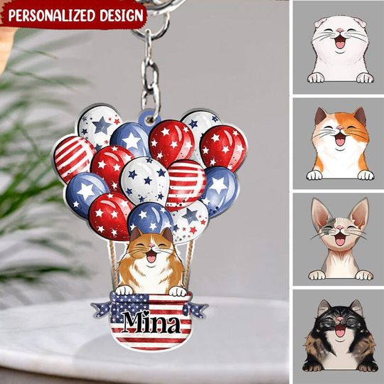 Discover 4th of July Cute Laughing Kitten Pet Cat American Flag Hot Air Balloon Personalized Keychain